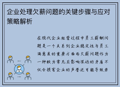 企业处理欠薪问题的关键步骤与应对策略解析